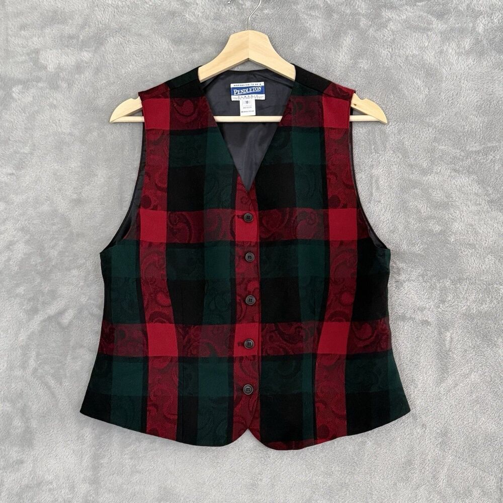 VTG Pendleton USA Vest Womens 10 Green Red Tartan Plaid 100% Wool Button